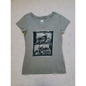 Harley Davidson Women's Motorcycle Graphic T-shirt V-Neck Olive Green Medium